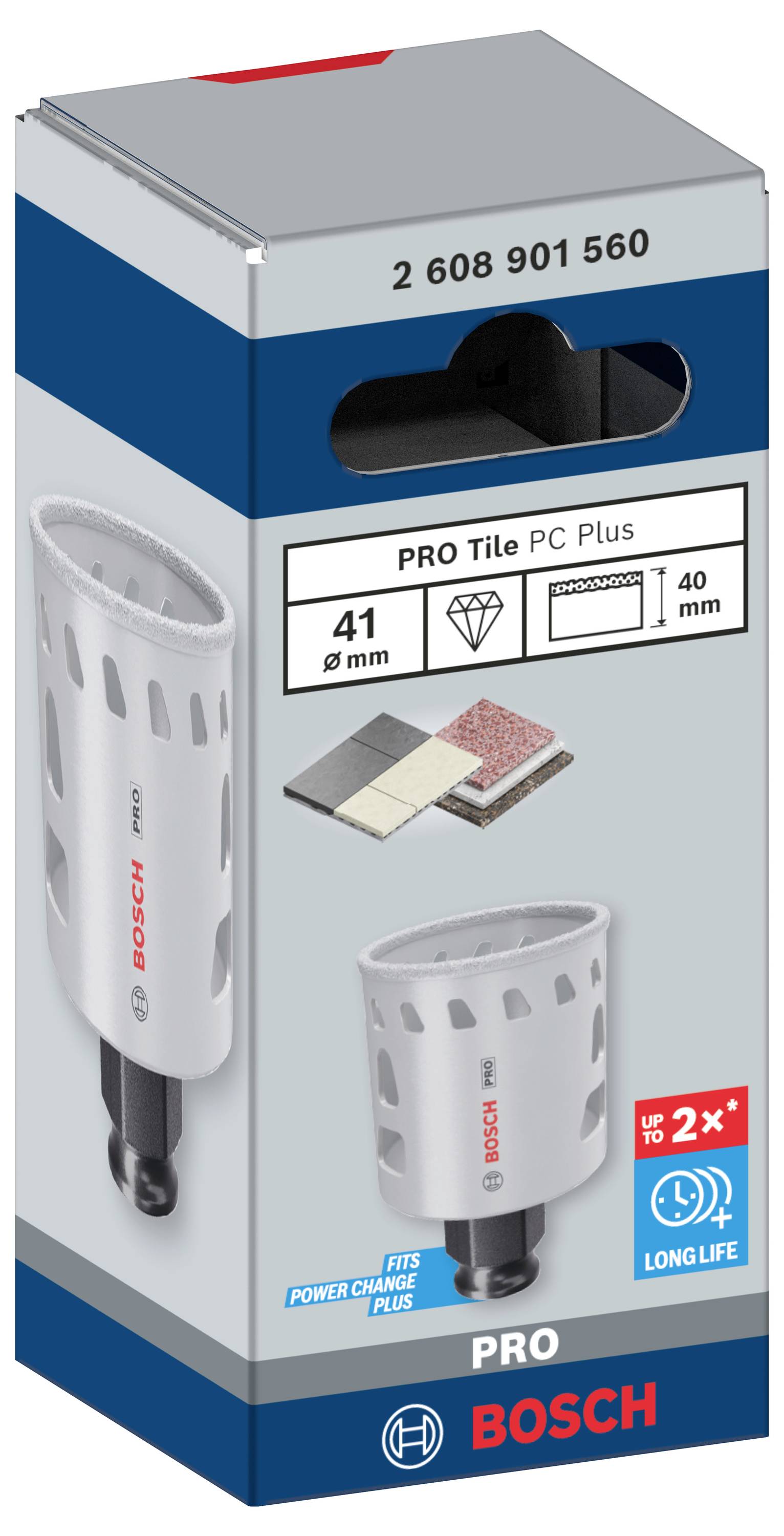 Verpackung einer Bosch PRO Fliesenbohrkrone, 41 mm Durchmesser, 40 mm Tiefe. Für Fliesen geeignet, lange Lebensdauer hervorgehoben.