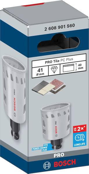 Verpackung eines Bosch Pro Tile PC Plus Bohrers, 41 mm Durchmesser, geeignet für Power Change Plus. Markiert 'bis zu 2x länger.'