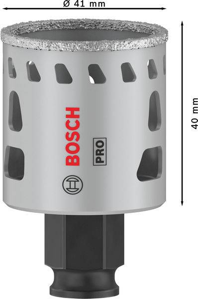Diamant-Bohrkrone von Bosch, 41 mm Durchmesser, 40 mm Höhe, mit grauem Metallkörper und rotem Logo. Ideal für präzises Bohren.