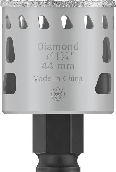 Silberne Diamant-Bohrkrone mit Aufschrift 'Diamant Ø 1 3/4'' 44 mm Made in China'.
