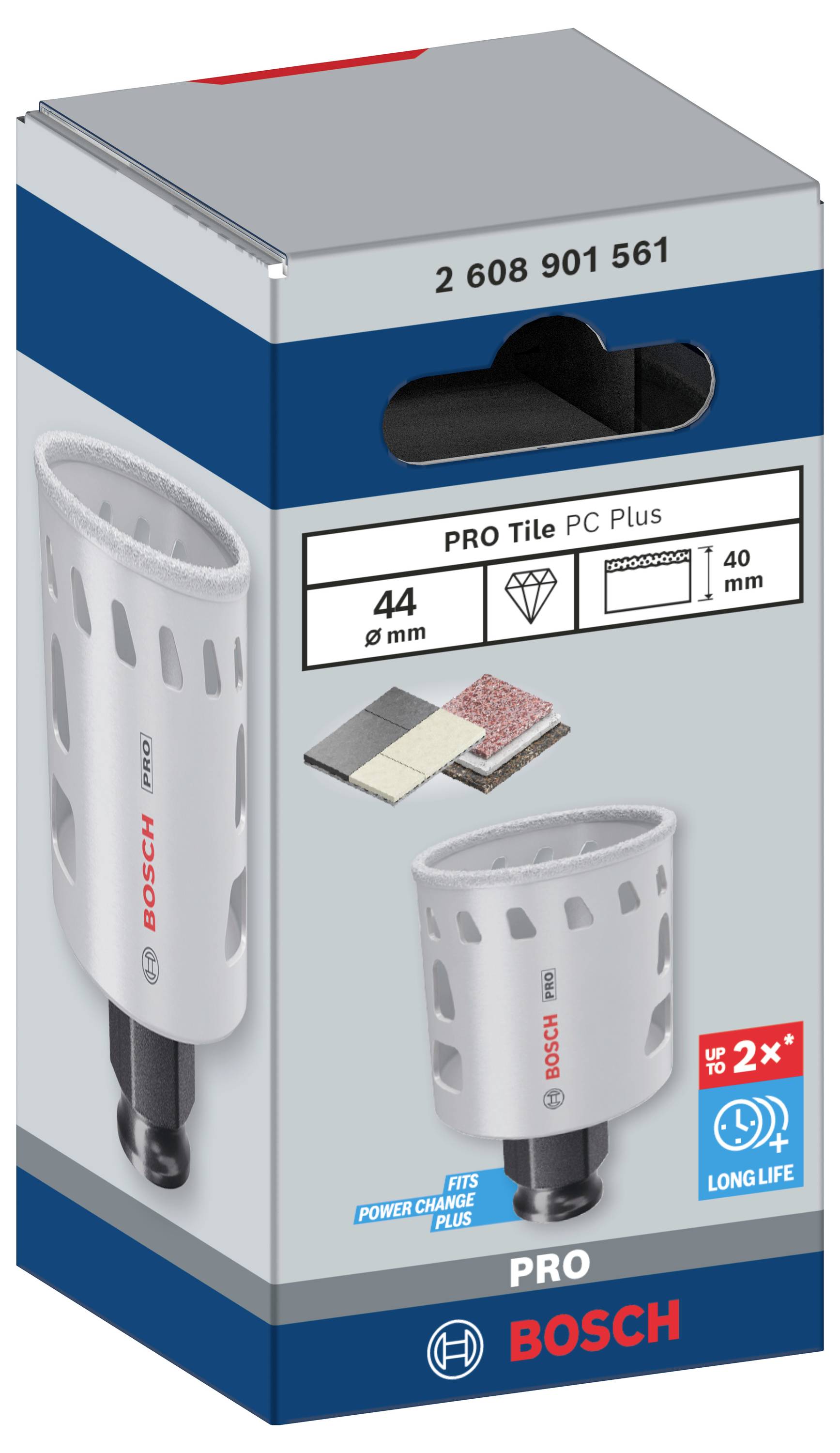 Eine Bosch PRO Fliesenbohrkrone mit Diamond-Technologie. Geeignet für Ø 8mm Fliesen, lange Lebensdauer, Abbildung zeigt Bohrkopf und Verpackungsdetails.