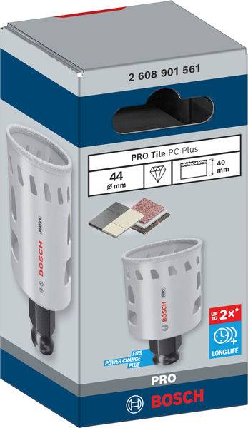 Verpackung eines Bosch Pro Tile PC Plus Fliesenbohrers, 44 mm Durchmesser. Geeignet für Fliesen, Steinzeug, langlebig.