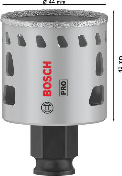 'Bosch Pro' Lochsäge mit 44 mm Durchmesser und 40 mm Länge, geeignet für präzises Bohren. Enthält Lufteinlässe und Diamantbeschichtung.