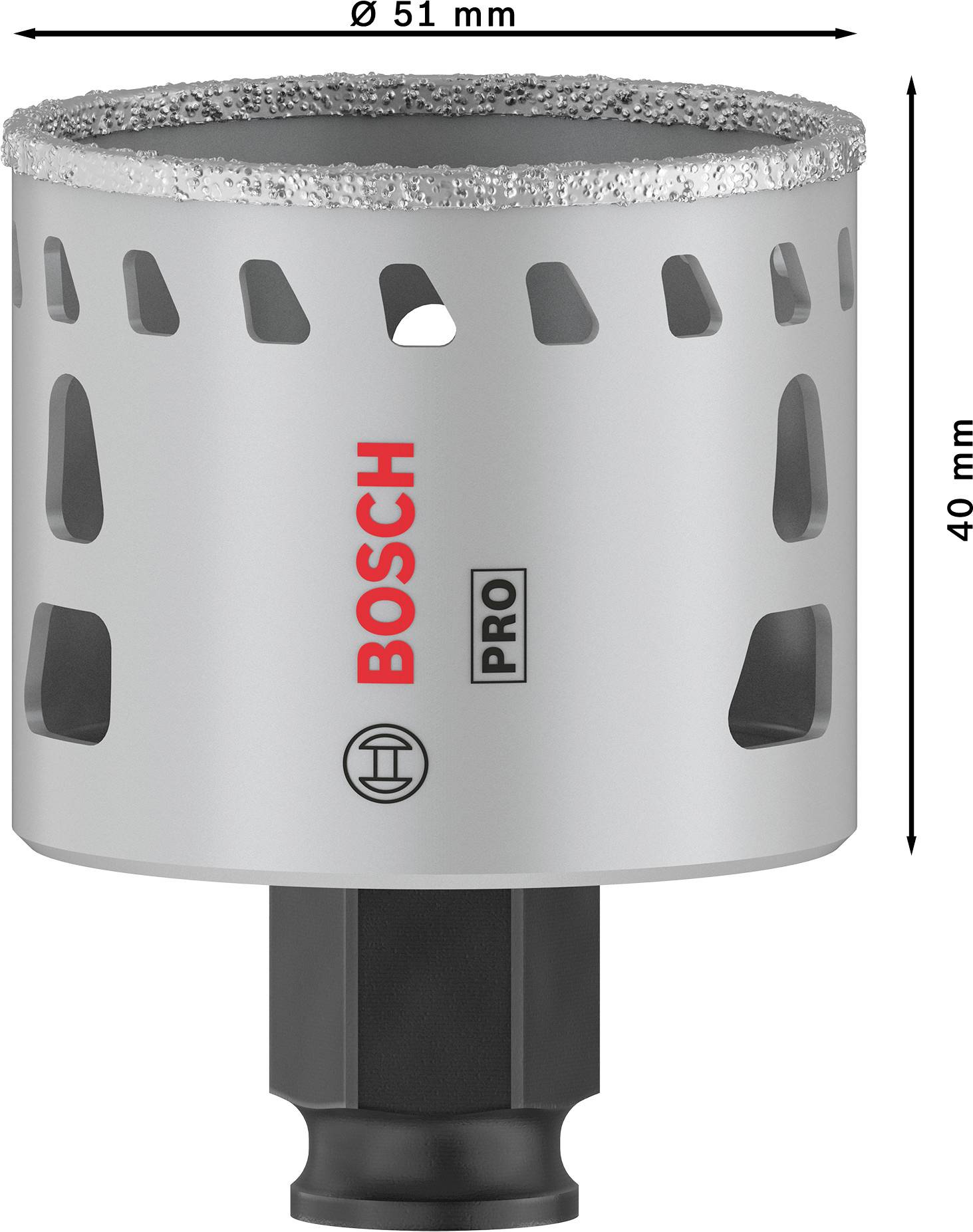 Graue Bosch-Diamanthohlbohrkrone mit 51 mm Durchmesser und 40 mm Höhe. Geeignet für harte Materialien.