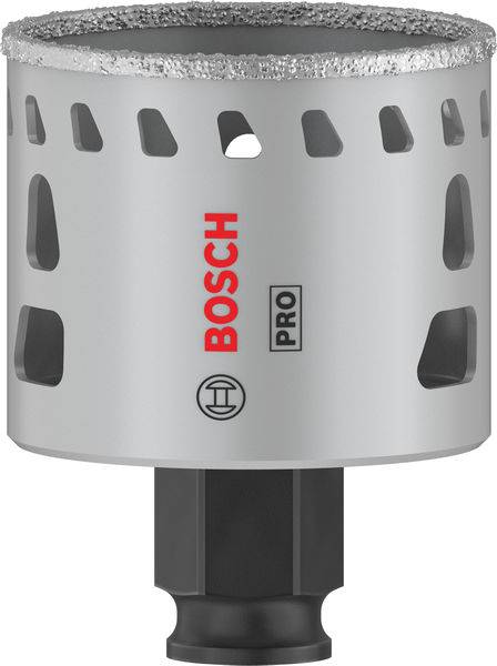 Eine graue Lochsäge mit Schlitzen und diamantbesetztem Rand. Aufschrift 'Bosch Pro'. Geeignet für präzises Bohren in harte Materialien.