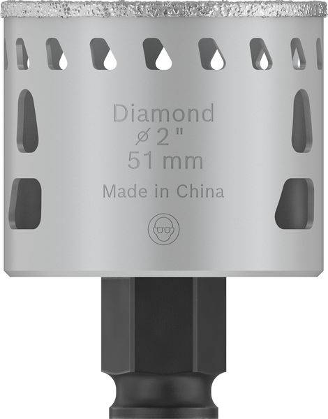 Bohrer mit diamantbeschichteter Spitze, Aufschrift: 'Diamond ⌀ 2″ 51 mm, Made in China'. Spezielles Design für präzise Bohrungen.