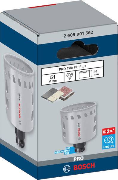 Verpackung einer „Bosch PRO Tile PC Plus“ Fliesenbohrkrone, 51 mm Durchmesser, 40 mm Arbeitslänge, für präzises Fliesenbohren.
