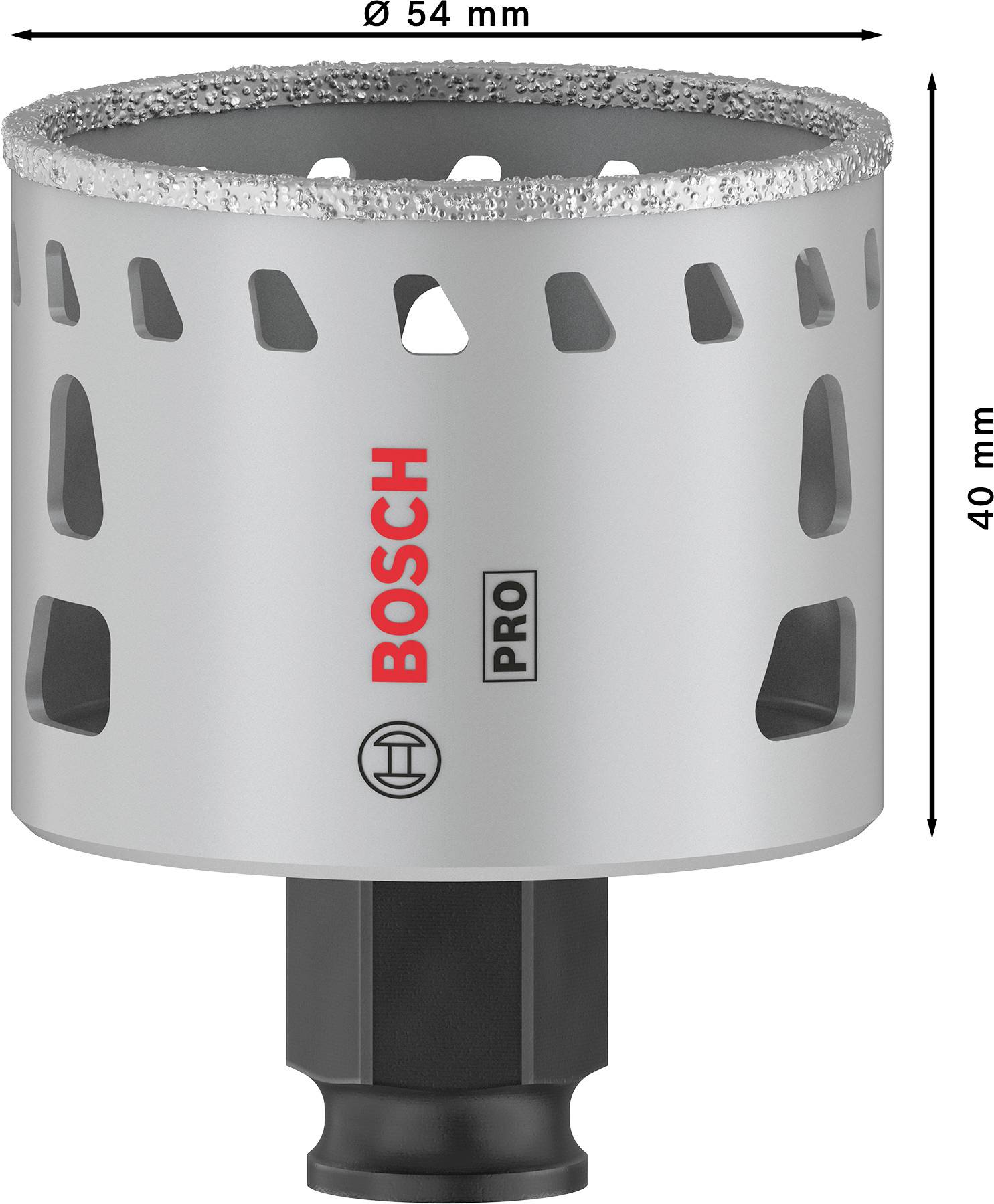 Graue Bosch-Lochsäge mit Diamantkranz, Durchmesser 54 mm, Höhe 40 mm, markante Schlitze zur Belüftung, schwarzer Schaft.