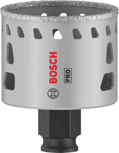 Ein grauer Bohrer von Bosch mit Aufschrift 'PRO' und diamantbeschichtetem Ring, geeignet zum Bohren harter Materialien.