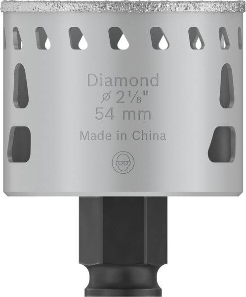 Diamant-Bohrkrone mit 54 mm Durchmesser, hergestellt in China. Graue Farbe mit Sichtfenstern entlang des Randes.