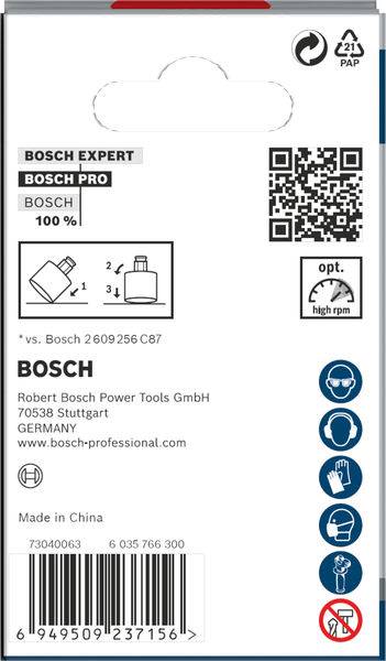 Rückseite einer Werkzeugverpackung von Bosch mit QR-Code, Produktinformationen und Warnhinweisen. Markiert für hohe Drehzahl.