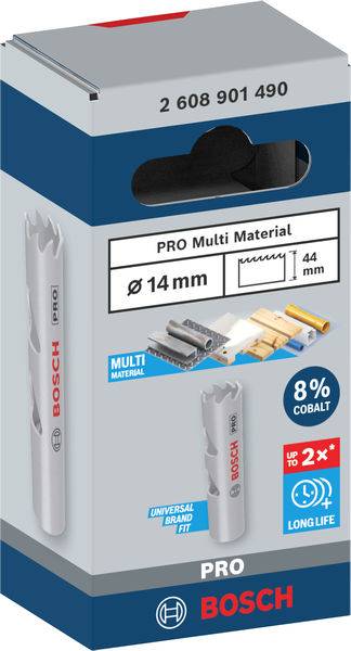 Bohrersatzverpackung von Bosch, 14 mm, für verschiedene Materialien geeignet, enthält 8% Kobalt, lila-graue Farbgestaltung.