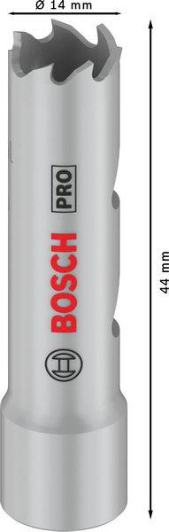 Sägekrone von Bosch Pro, Durchmesser 14 mm, Höhe 44 mm. Das Werkzeug ist silberfarben und mit rotem Bosch-Logo bedruckt.