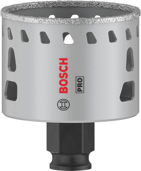 Silberner Bohrkrone mit Diamantbeschichtung, Markenlogo 'BOSCH PRO', geeignet für präzises Bohren in harte Materialien wie Fliesen.
