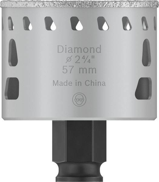 Bohrkrone mit Diamantbeschichtung, Durchmesser 57 mm, gefertigt in China.