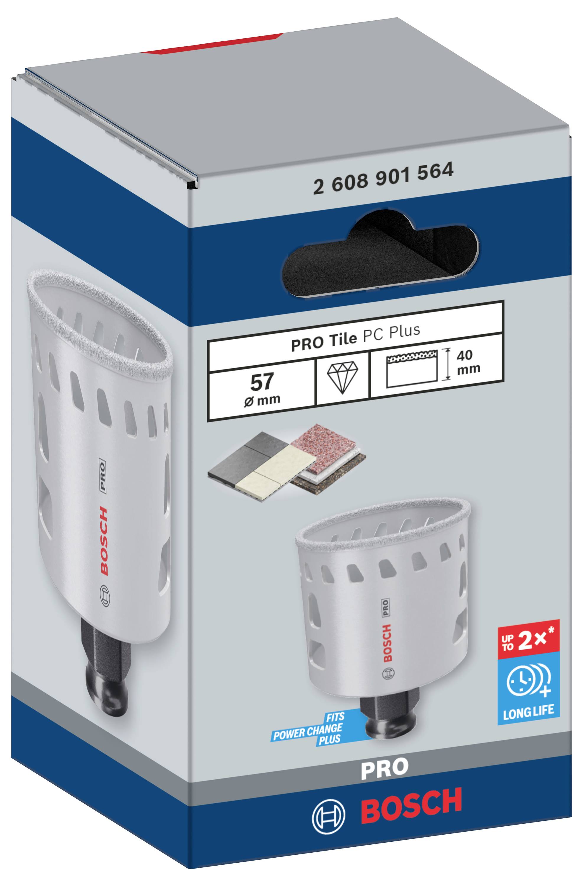 Verpackung eines Bosch PRO Tile PC Plus Bohrers. Zeigt den Bohrer, geeignet für Fliesen. Durchmesser: 57 mm, Schnitttiefe: 40 mm.