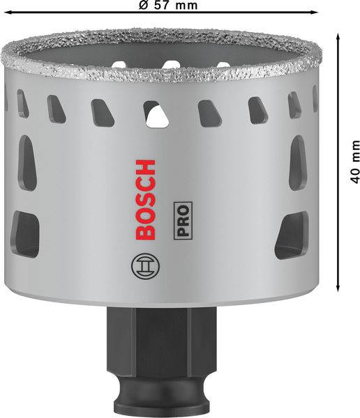 'Bosch Pro' Lochsäge mit 57 mm Durchmesser und 40 mm Höhe, graue Farbe mit seitlichen Öffnungen und Diamantbeschichtung oben.