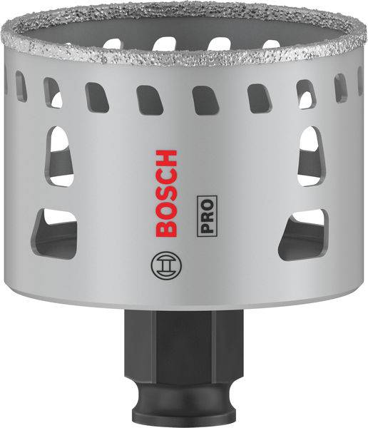 Eine silberne Bosch Pro Lochsäge mit diamantbeschichtetem Rand und schwarzem Schaft, geeignet für präzises Bohren in harte Materialien.