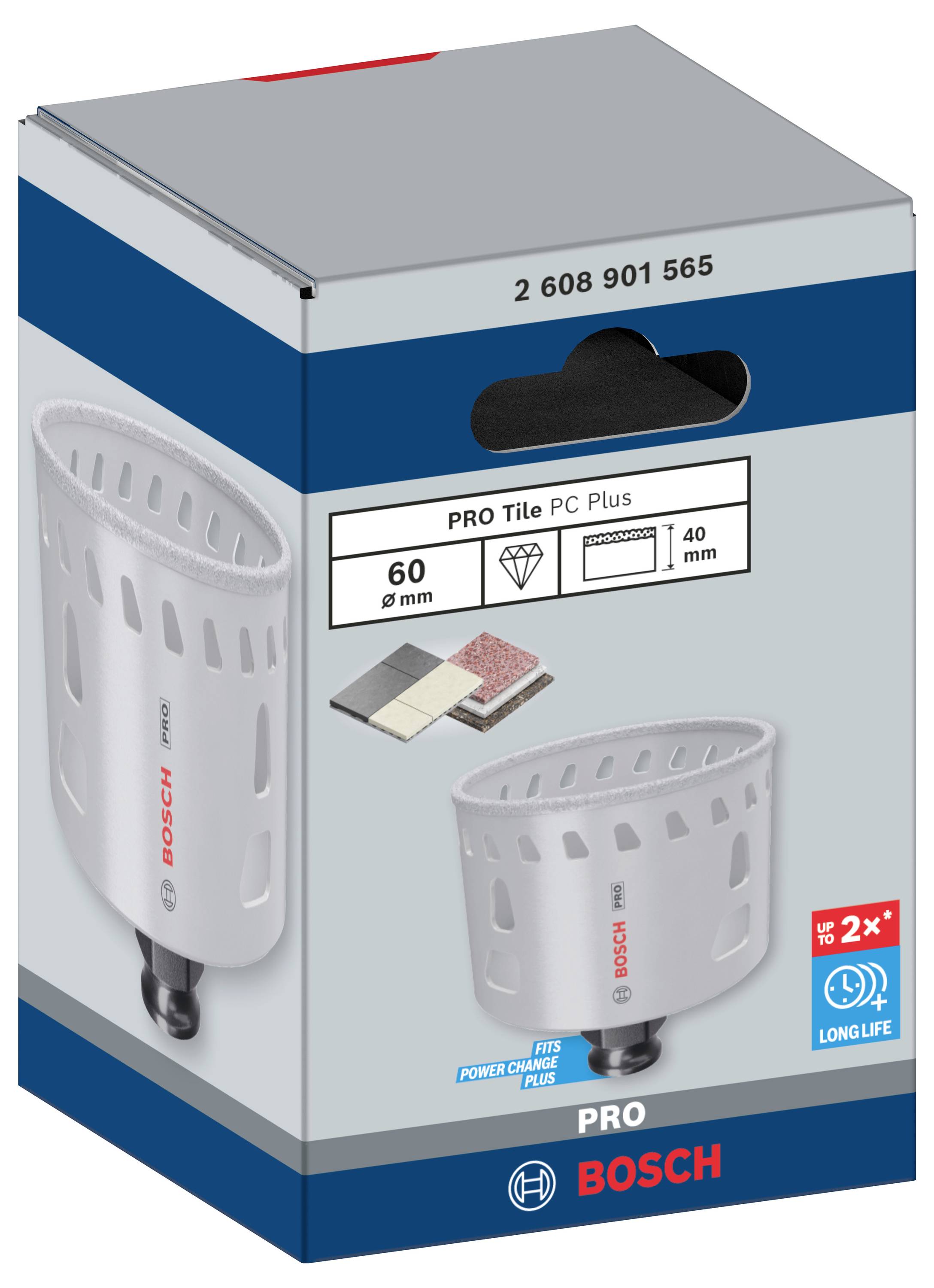 Eine Verpackung für einen Bosch PRO Tile PC Plus Bohrkrone, 60 mm im Durchmesser, geeignet für Fliesen mit 40 mm Schnitttiefe.
