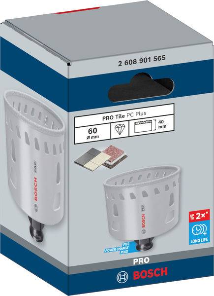 Bohrkrone von Bosch in Verpackung, geeignet für Fliesen. Durchmesser 60 mm, bietet Langlebigkeit und doppelte Leistung.
