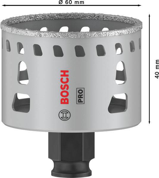 Kronenbohrer der Marke Bosch, Durchmesser 60 mm, Höhe 40 mm, mit diamantverstärktem Rand für Beton- und Steinbohrungen.