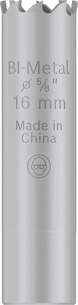 'Bi-Metal' Lochsäge, Durchmesser 16 mm, hergestellt in China. Silberne Farbe, zahnförmiger Rand oben.