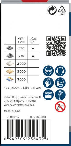 'Bosch' Schleifpapier-Verpackung. Tabelle mit optimalen Umdrehungen pro Minute (530, 275, 3000, 3000). QR-Code und Piktogramme vorhanden. Produkt aus China.
