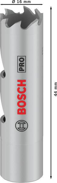 Bohreraufsatz mit 16 mm Durchmesser und 41 mm Länge; silberfarben mit 'Bosch Pro' Logo. Geeignet für präzise Bohrarbeiten.