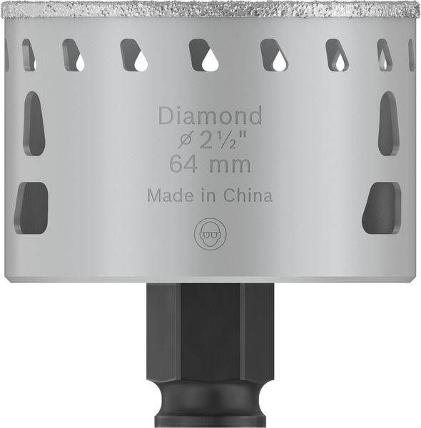 Diamant-Bohrkrone, 64 mm Durchmesser, silbern, mit Zähnen entlang des Randes, Aufschrift 'Diamond ø 2½
