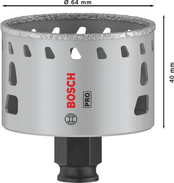 Grauer Aufsatz mit der Aufschrift 'BOSCH PRO', zylindrische Form, Durchmesser 64 mm, Höhe 40 mm, mit Löchern und rauer Kante.