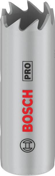 Silberne Lochsäge von Bosch mit gezackten Zähnen am Rand. Aufschrift 'BOSCH' in Rot und 'PRO' in Schwarz.