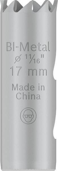 Bohrkrone aus Bi-Metall mit 17 mm Durchmesser. Text eingraviert: 'Bi-Metal, Ø 11/16