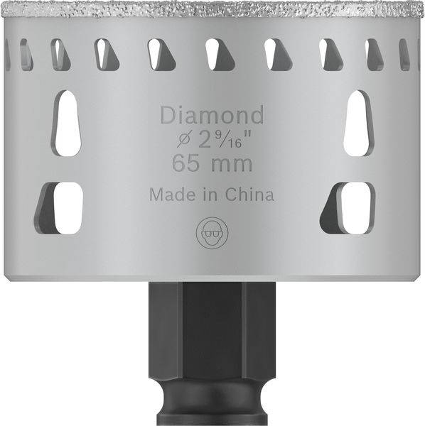 Metall-Lochsäge mit Diamantaufsatz, Durchmesser 65 mm, hergestellt in China. Text auf der Säge: 'Diamond Ø 2 9/16