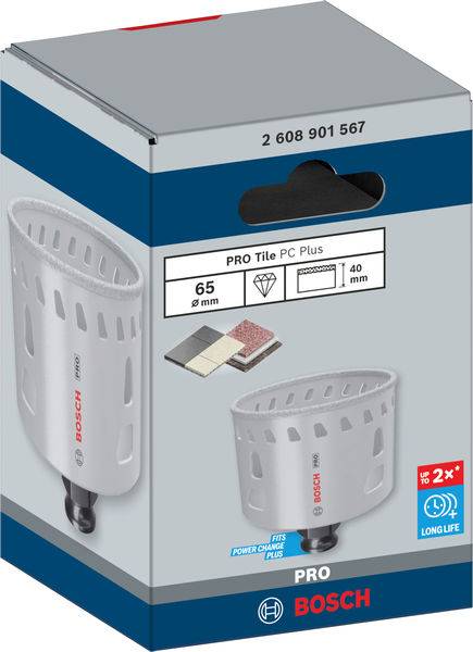 Verpackung einer Bosch Bohrkrone 'PRO Tile PC Plus', Durchmesser 65 mm, mit Abbildungen von Fliesenmaterialien, Logo und Produktcode.