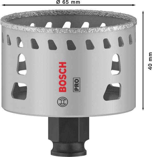 Bohrerkrone mit Bosch-Logo, Ø 65 mm, Höhe 40 mm, mit Diamantsegmenten, geeignet für Fliesen.