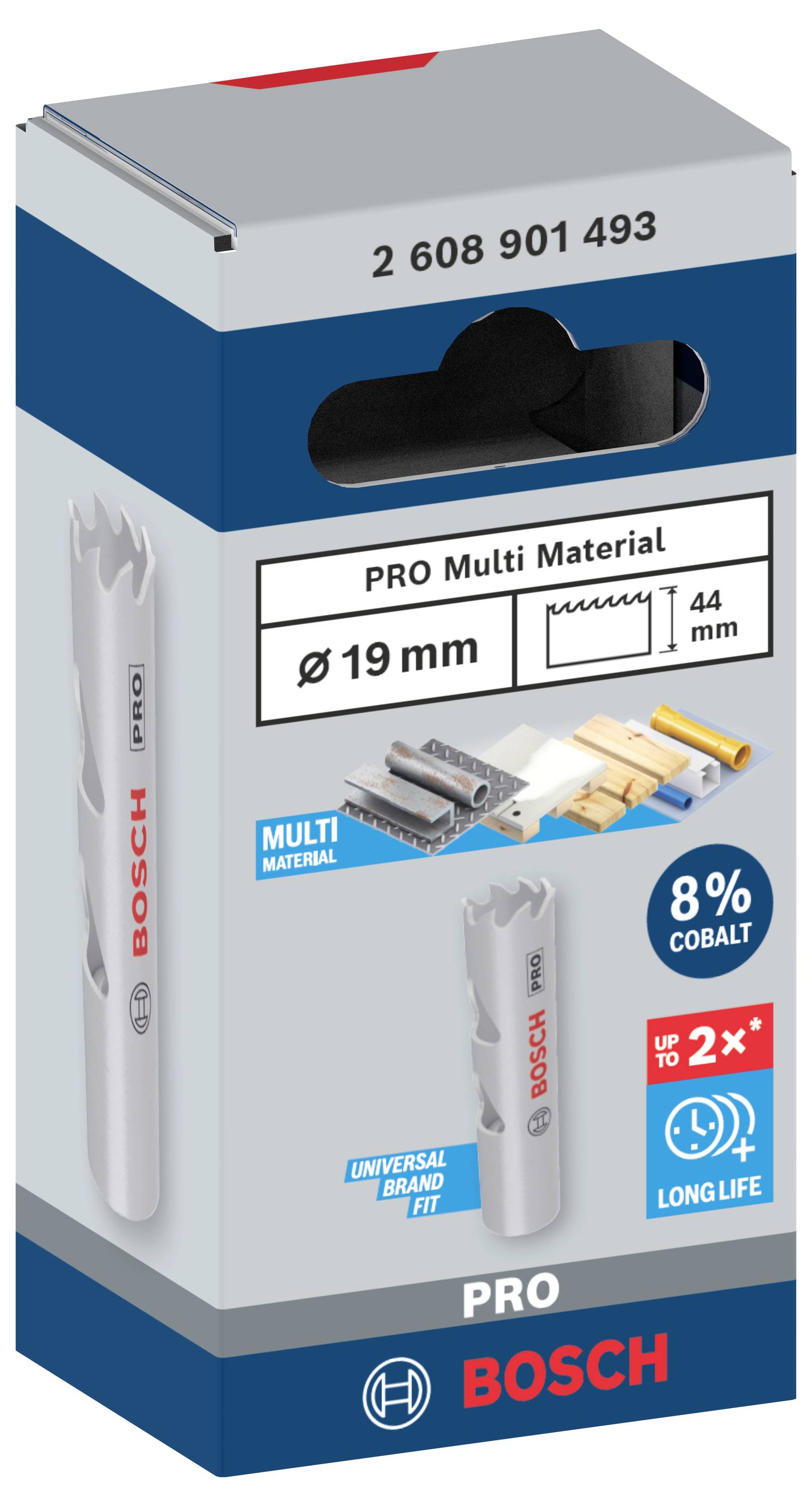Verpackung für Bosch Lochsäge, Modell PRO Multi Material, Durchmesser 19 mm, Länge 44 mm, geeignet für diverse Materialien.