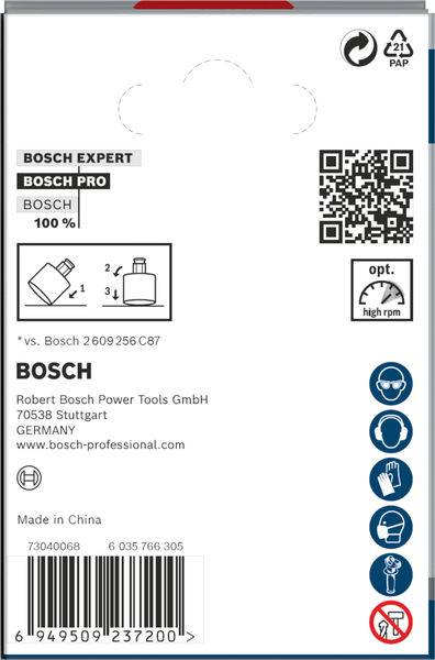 'Bosch Expert' und 'Bosch Pro' Produktverpackung. Enthält QR-Code, Recycling-Symbol, Herstellungsland 'Made in China', Barcode und Bosch Firmenadresse.