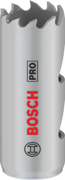 Metall-Lochsäge mit der Aufschrift 'Bosch Pro', zylindrische Form, silberne Farbe, geeignet für professionelle Bohrarbeiten.