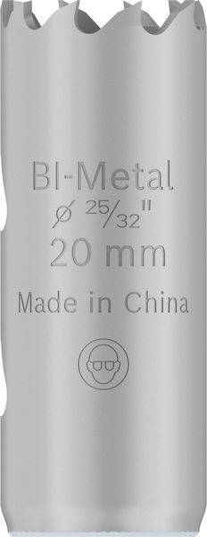 Metallsägekrone aus Bi-Metall mit einem Durchmesser von 20 mm, hergestellt in China. Text zeigt Maße '⌀ 25/32