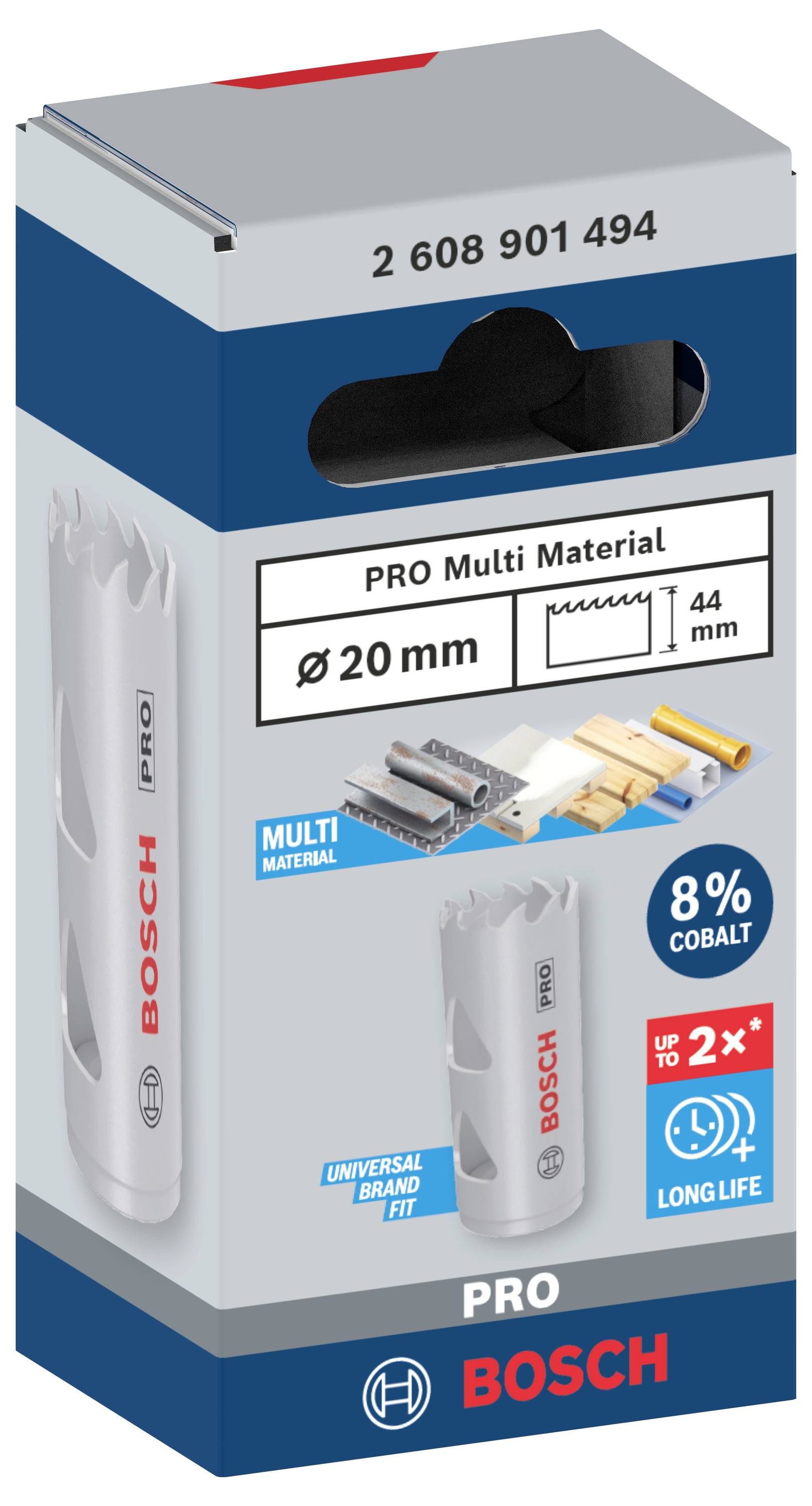 'Bosch PRO Multi Material Lochsäge' Verpackung zeigt Durchmesser von 20 mm, Länge von 44 mm, 8 % Kobaltanteil, längere Lebensdauer.