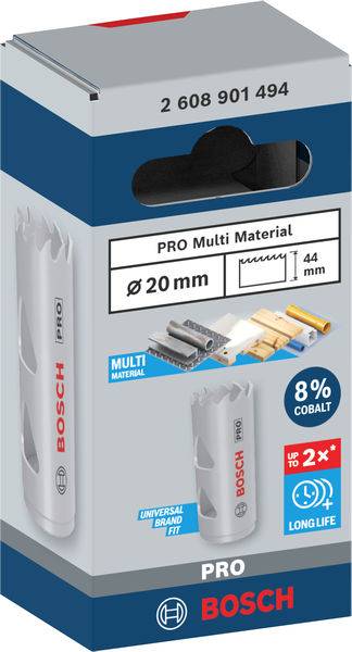 Verpackung einer PRO Multi Material Lochsäge von Bosch, Durchmesser 20 mm, inklusive Zubehör, mit 8 % Kobalt für längere Lebensdauer.
