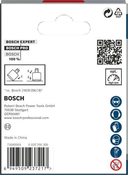 Verpackungsrückseite eines Bosch-Produktes mit QR-Code, Logo, Barcode und Symbolen für Augenschutz- und Gehörschutzempfehlungen.