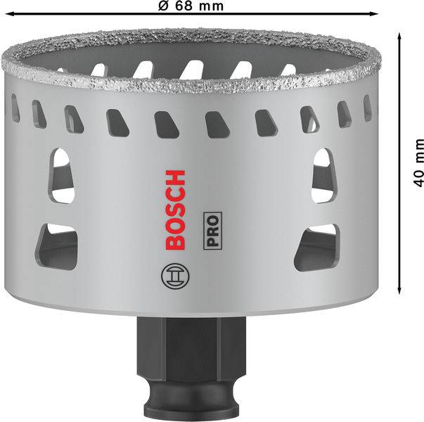Bimetall-Lochsäge von Bosch, Durchmesser 68 mm, Höhe 40 mm, mit seitlichen Lüftungsschlitzen und Pro-Aufdruck.