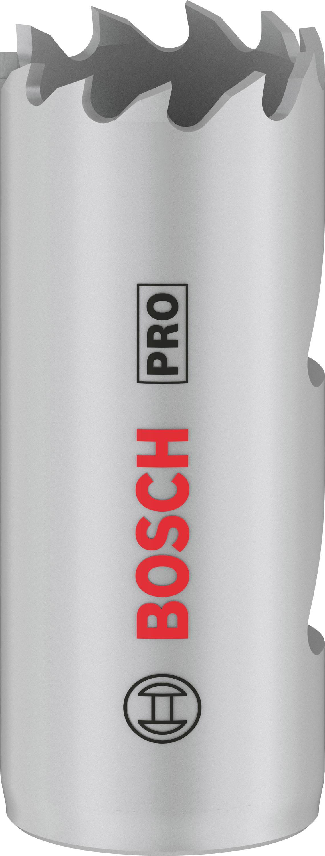 Bohrkrone von Bosch mit grauer Metalloberfläche und gezackten Kanten, auf der 'BOSCH PRO' in Rot und Schwarz steht.