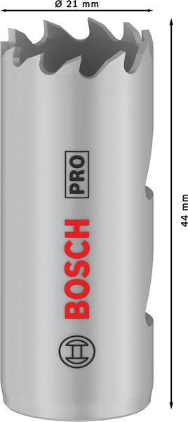 Kreissägeblatt von Bosch Pro, Durchmesser 21 mm, Länge 44 mm, silberfarben mit rotem Bosch-Logo.