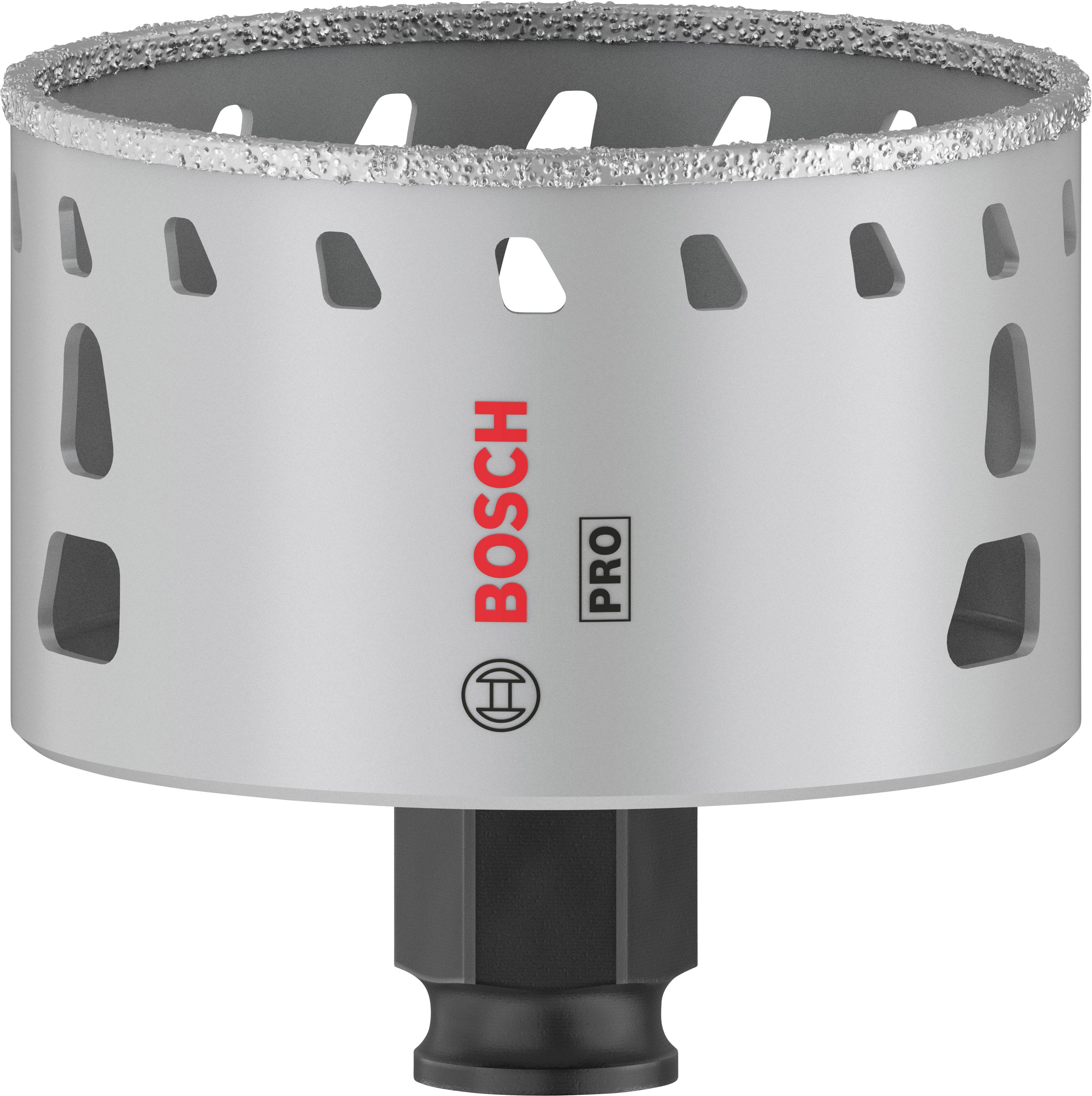 Eine silberne Lochsäge mit Bosch-Logo und diamantbeschichtetem Rand, geeignet für professionellen Einsatz in der Materialbearbeitung.