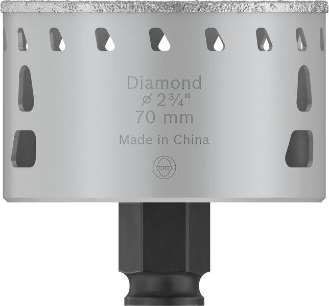 Silberner Lochsägeaufsatz mit Diamantbesatz, Durchmesser 70 mm, 'Diamond' und 'Made in China' eingraviert.