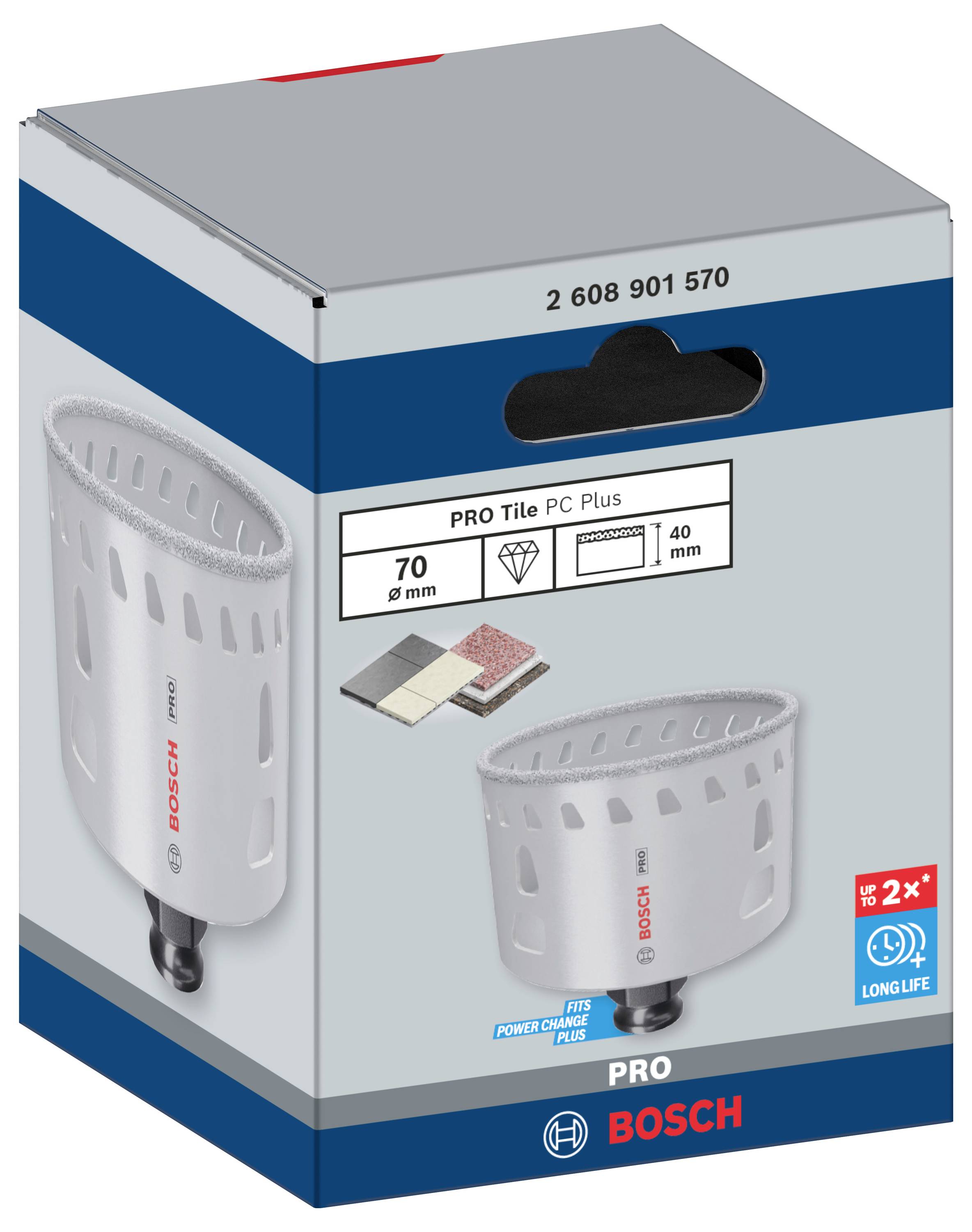 Verpackung eines Bosch PRO Tile PC Plus Bohrers, zeigt Produktabbildung und technischen Details: Durchmesser 70 mm, Schnitttiefe 40 mm.
