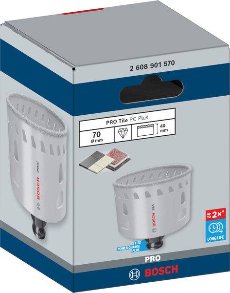 'Bosch Pro Tile PC Plus' Lochsäge-Verpackung, zeigt eine Abbildung des Produkts und betont Langlebigkeit; Maße: 70 x 40 mm.