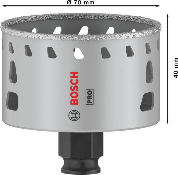 Diamantbohrkrone von Bosch, Ø 70 mm, Höhe 40 mm, geeignet für präzise Bohrungen in harten Materialien.